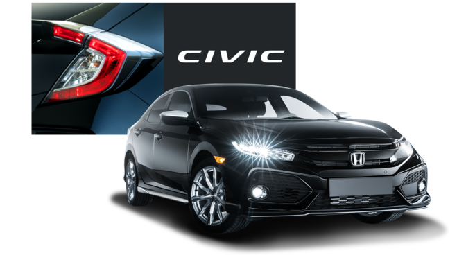 Přední tříčtvrtinový pohled na model Honda Silver Line s logem Honda Civic