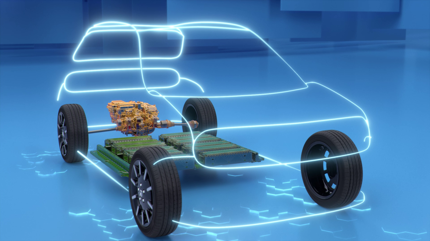 Předn&iacute; tř&iacute;čtvrtinov&yacute; pohled ukazuj&iacute;c&iacute; velikost akumul&aacute;toru elektromobilu