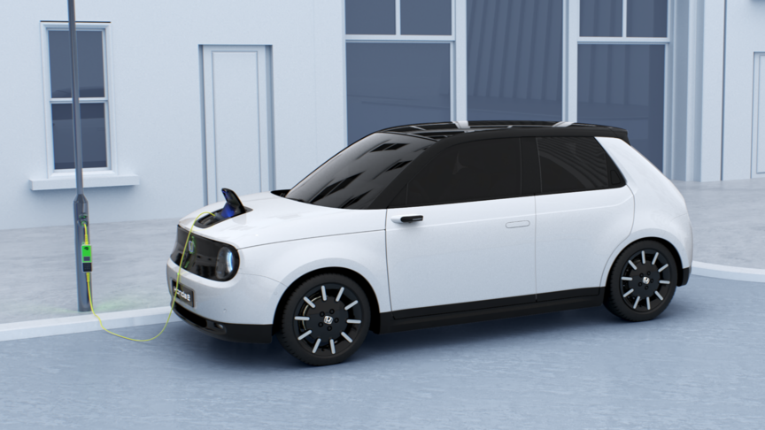 Pohled z&nbsp;lev&eacute; strany na nab&iacute;jen&iacute; modelu Honda e