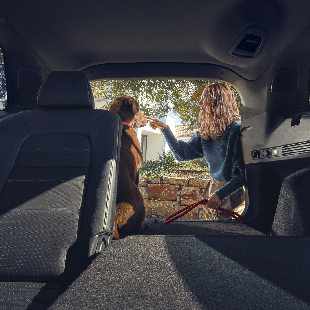 Zadní část vozu Honda CR-V Hybrid se sklopenými zadními sedadly a psem v zavazadlovém prostoru