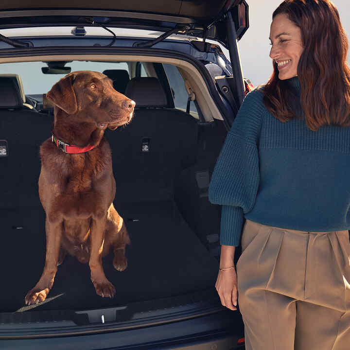 Pohled zezadu na model Honda CR-V Hybrid se psem a figurantem sedícími v zavazadlovém prostoru