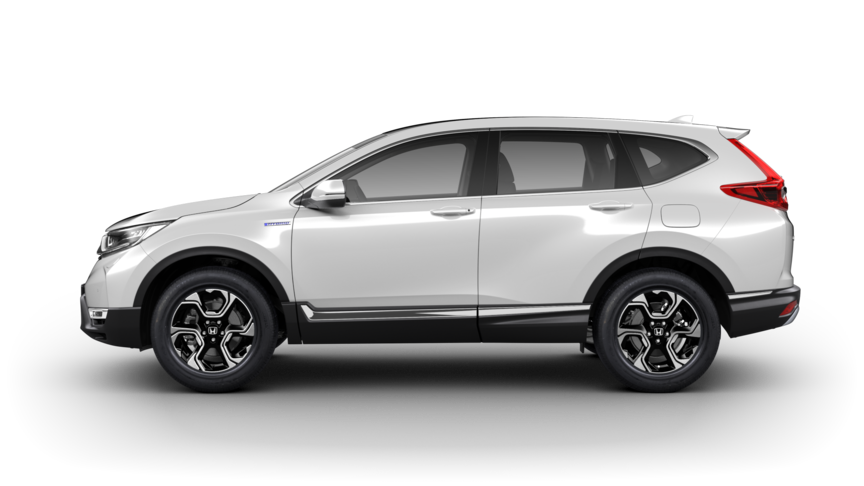 Boční pohled na model Honda CR-V Hybrid v perleťové barvě White Platinum