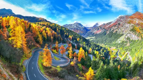 Úžasný pohled na silnici v průsmyku Maloja v podzimním období. Barevná podzimní scenérie švýcarských Alp. Místo: Průsmyk Maloya, region Engadine, kanton Grisons, Švýcarsko, Evropa