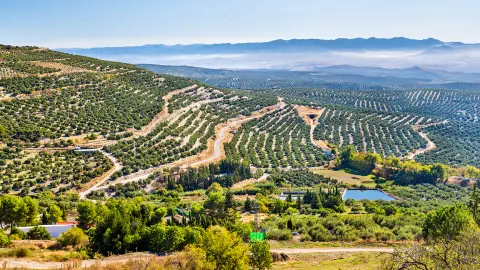 Pohled na klasickou španělskou horskou krajinu se silnicí v létě