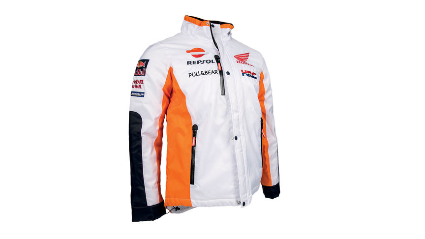 Bílá zimní bunda Honda v barvách týmu MotoGP, s logem Repsol