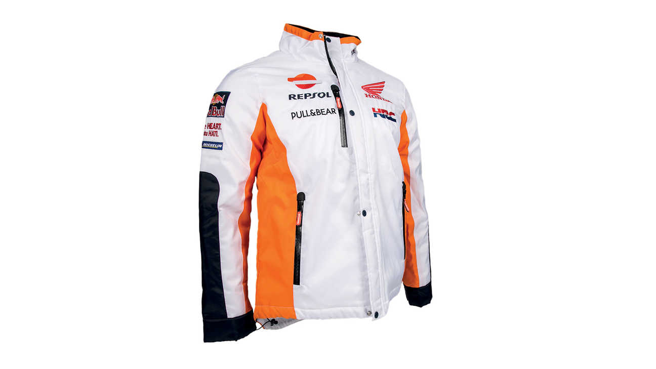 Bílá zimní bunda Honda v barvách týmu MotoGP, s logem Repsol