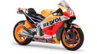 Pohled na motocykl Honda ze strany v závodních barvách stáje Repsol.