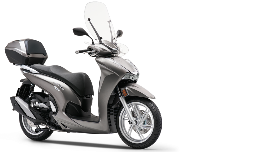 Přední poloprofil modelu Honda SH300i s horním boxem a čelním štítem