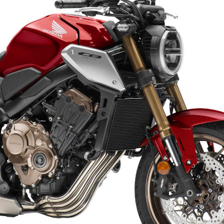 CB650R Neo Sports Café, zprava, záběr na motor a přední kolo, studiový snímek